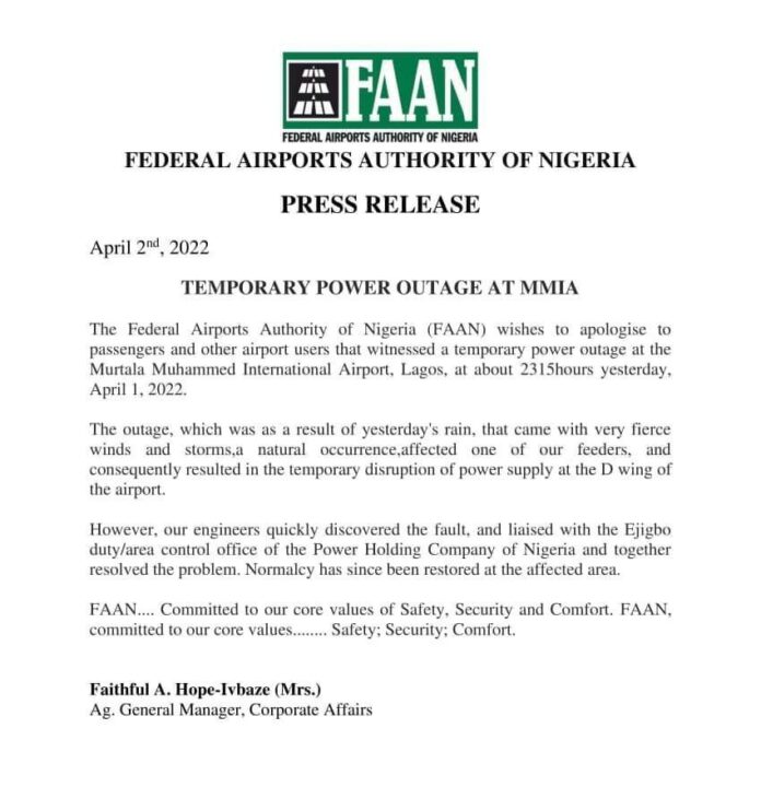 FAAN, Apologizes Over Power Failure At The Lagos Airport