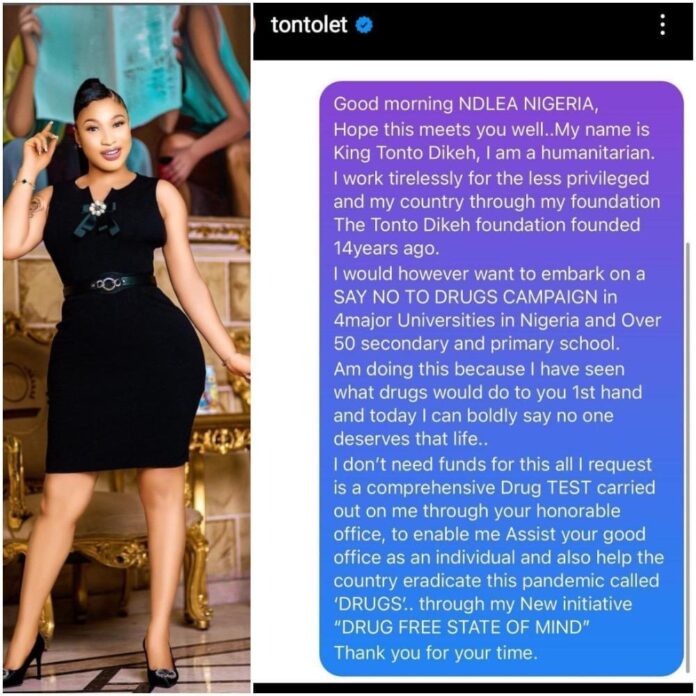 Actress Tonto Dikeh Again Writes To NDLEA, Demands Drug Test