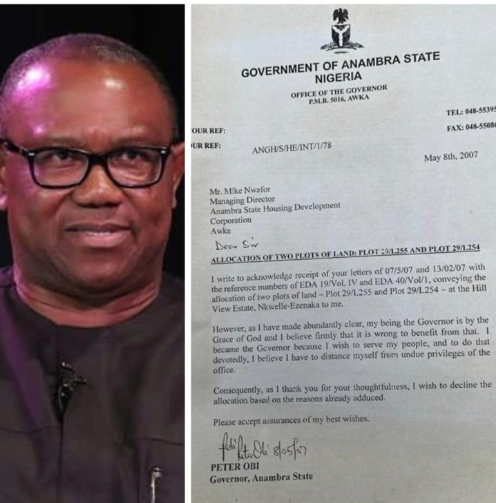 2007 Letter Shows Peter Obi Rejecting Allocated Land In Anambra, When He Was A Governor