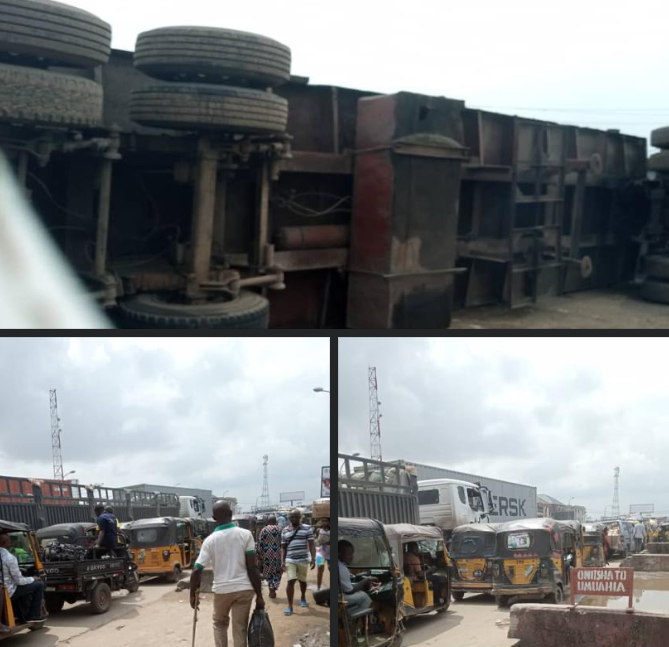 Gridlock As Loaded Truck Falls Along Onitsha-Owerri Road