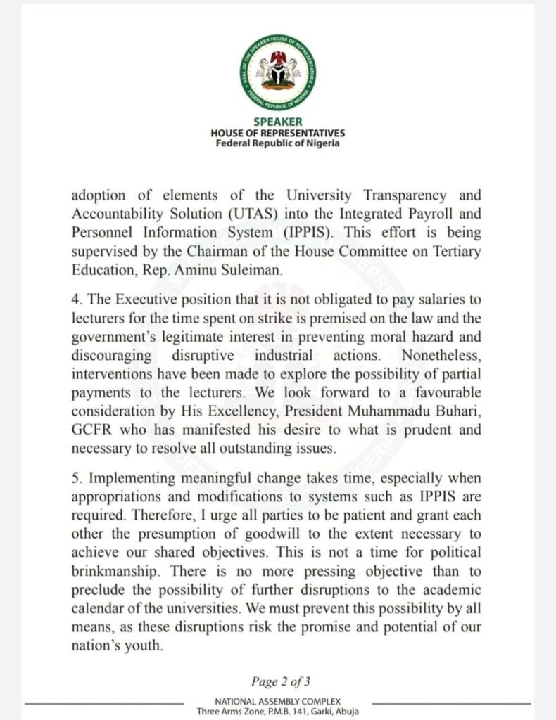 Half Salary: Speaker Gbajabiamila Reveals Reason Why Varsity Lecturers Were Not Paid In Full