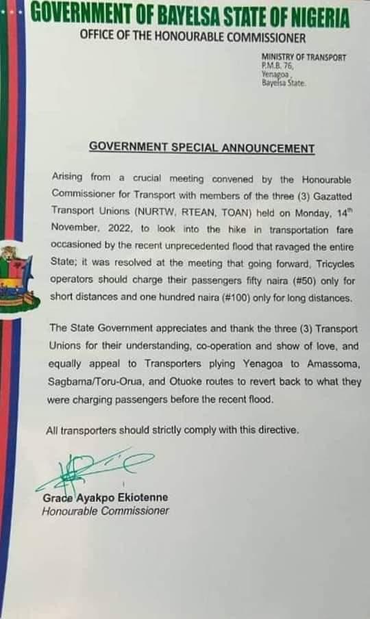 Flood: Government Meets Transport Unions, Regulates T-Fare In Bayelsa State