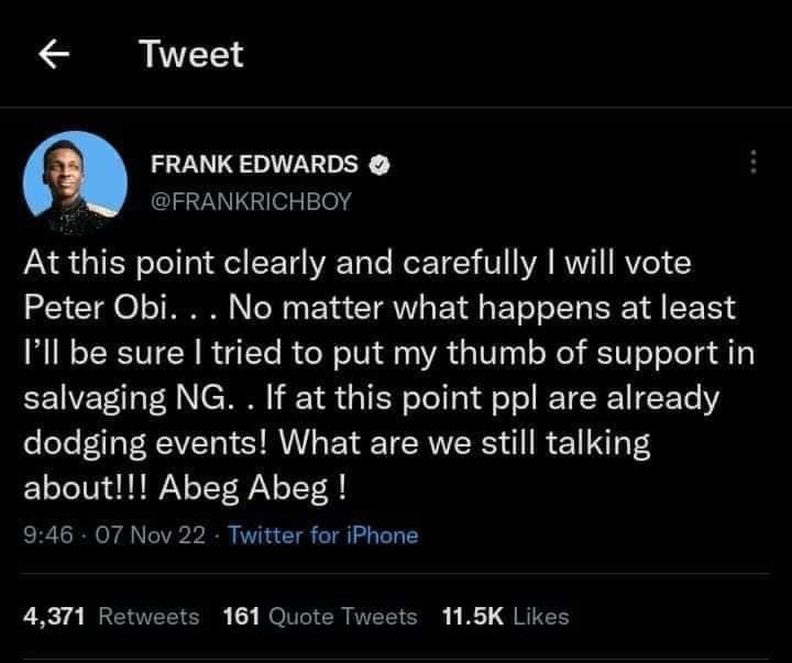 Gospel Singer, Frank Edward Declares Support For Peter Obi 2 Gospel Singer, Frank Edward Declares Support For Peter Obi
