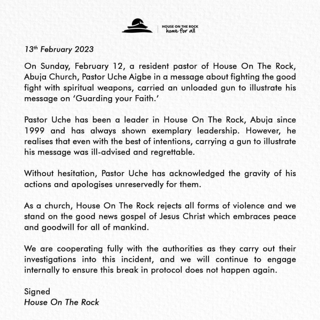 Abuja Pastor Has Apologised For Mounting Altar With AK-47 - House On The Rock Church 1 Abuja Pastor Has Apologised For Mounting Altar With AK-47 - House On The Rock Church