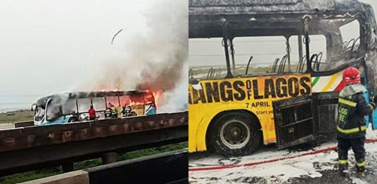 One Died As Hoodlums Set BRT Bus Ablaze In Lagos State