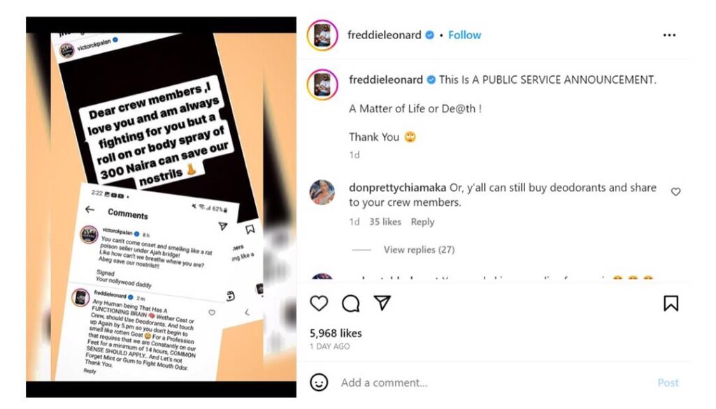 “Common sense should apply” - Movie star, Frederick Leonard lashes out at crew members; suggests use of deodorant to stop smelling like “rotten goat”