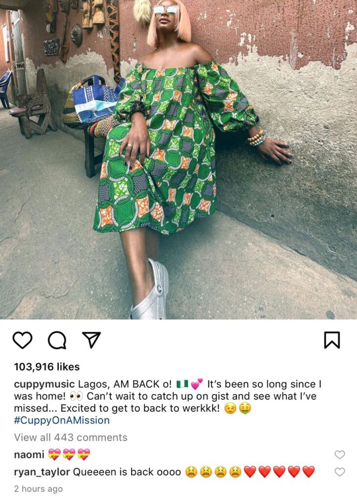 DJ Cuppy Returns To Nigeria Weeks After Bagging Master’s Degree