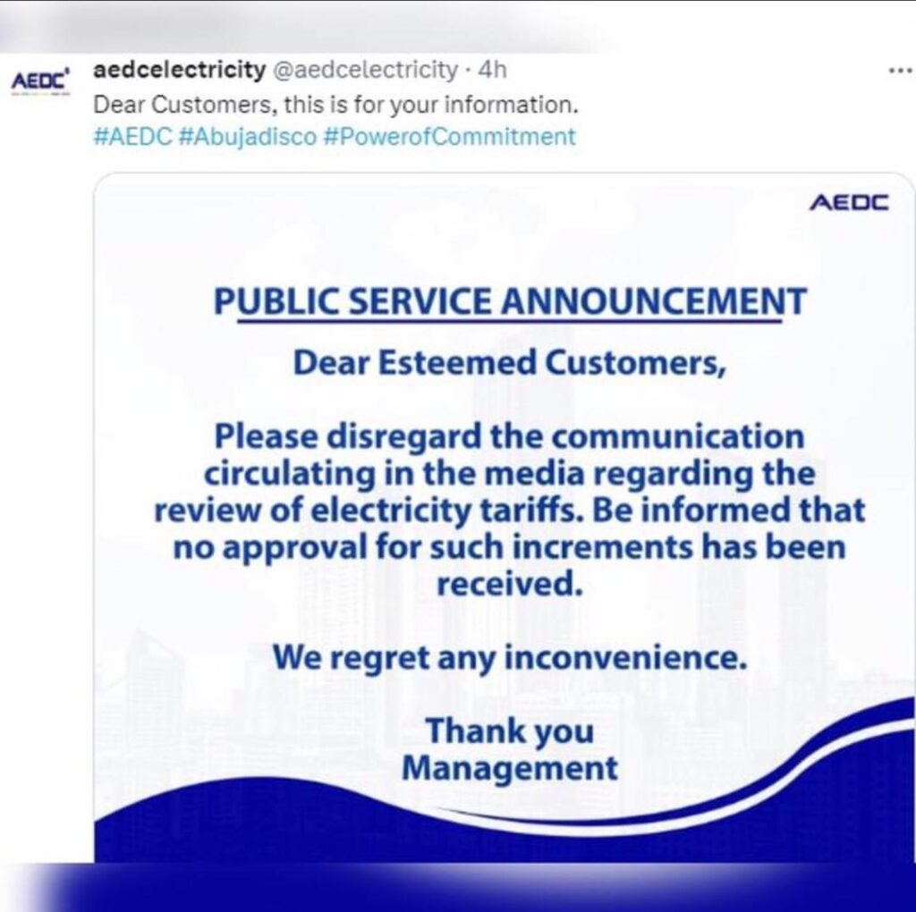 Abuja Electricity Distribution Company Makes U-turn, Asks Customers To Disregard Reports Of Increase Tariff 1 Abuja Electricity Distribution Company Makes U-turn, Asks Customers To Disregard Reports Of Increase Tariff