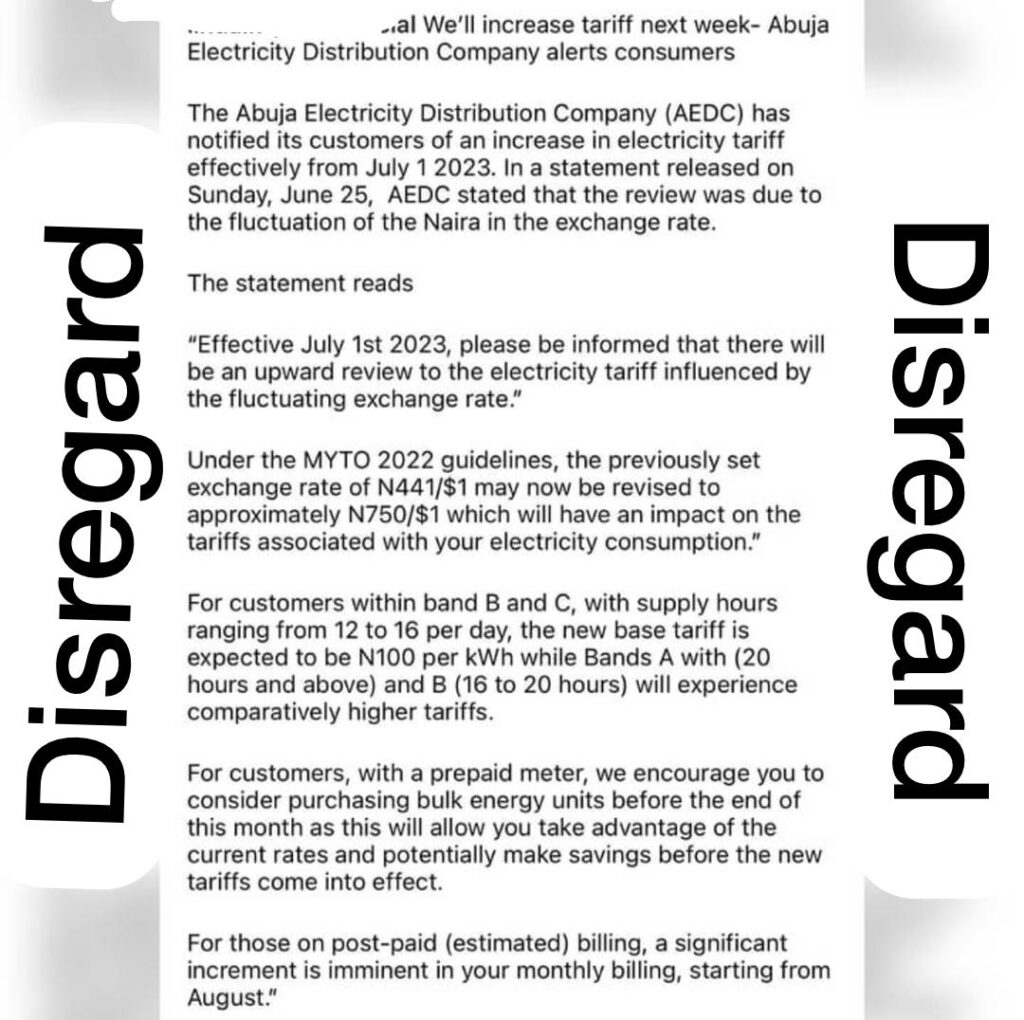 Abuja Electricity Distribution Company Makes U-turn, Asks Customers To Disregard Reports Of Increase Tariff 2 Abuja Electricity Distribution Company Makes U-turn, Asks Customers To Disregard Reports Of Increase Tariff
