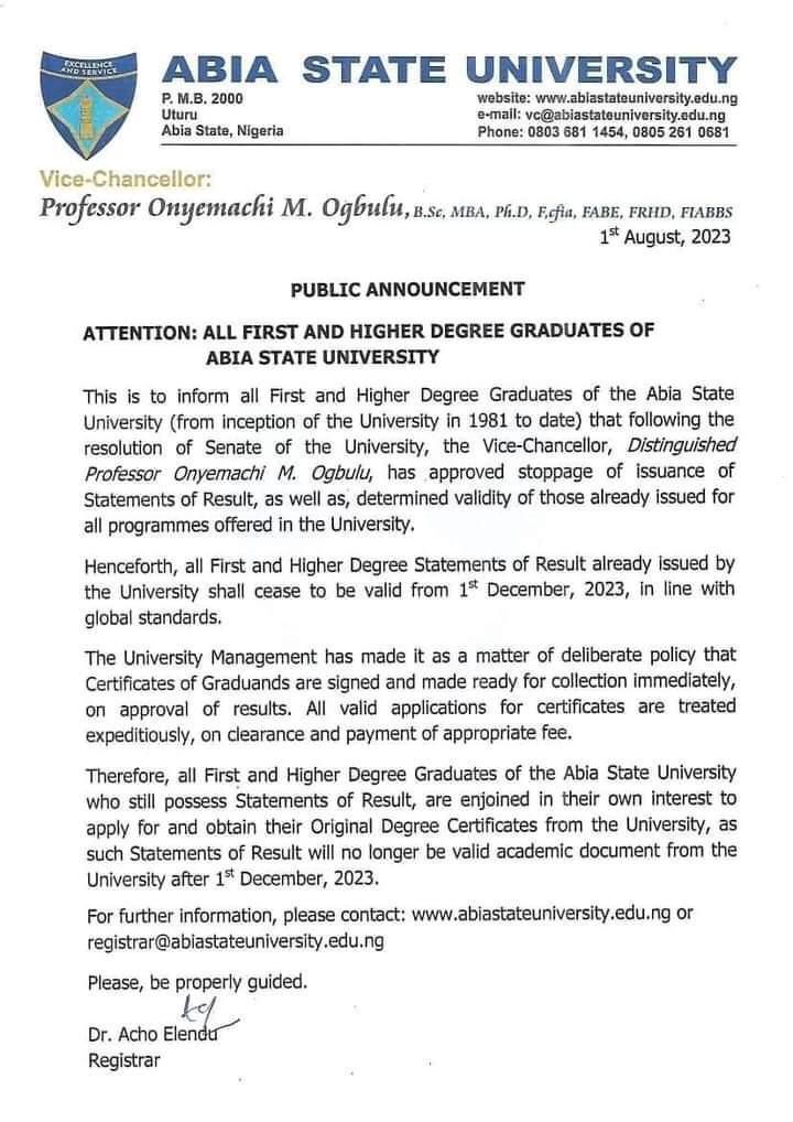 Abia State University Stops Issuing Statement Of Results
