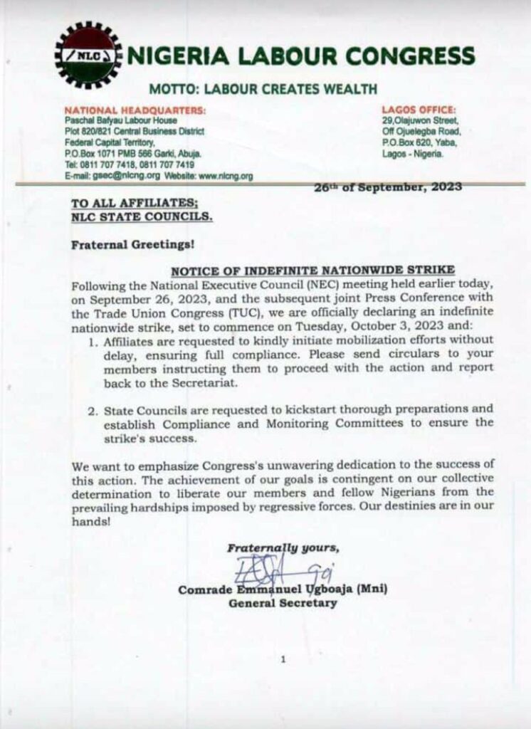 JUST IN: NLC, Other Affiliates Declares Indefinite Strike 1 JUST IN: NLC, Other Affiliates Declares Indefinite Strike