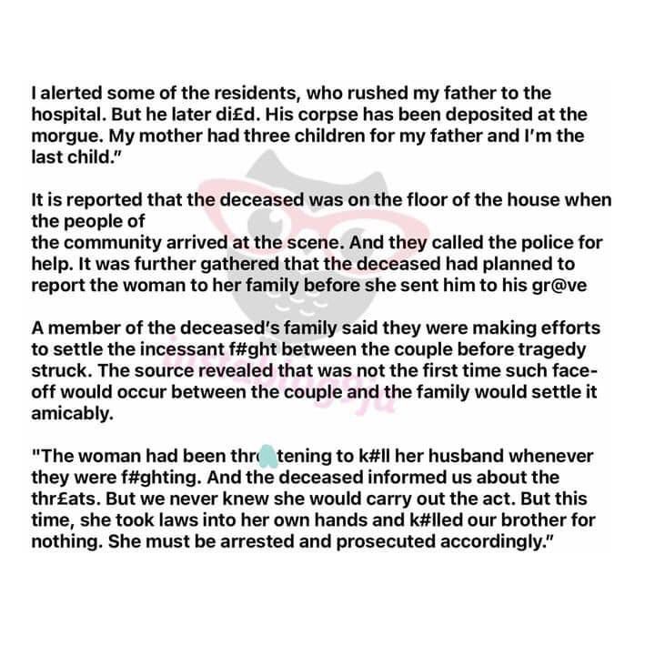 Mother-of-three reportedly k#lls her 65 yrs old husband with a p£§tle over a minor argument in Ondo state