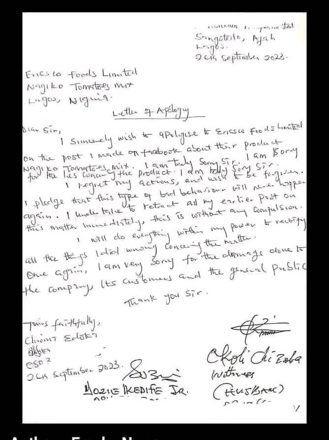 My comments were all lies - Nigerian Lady who claimed Erisco Tomato is sugary finally tenders apology letter