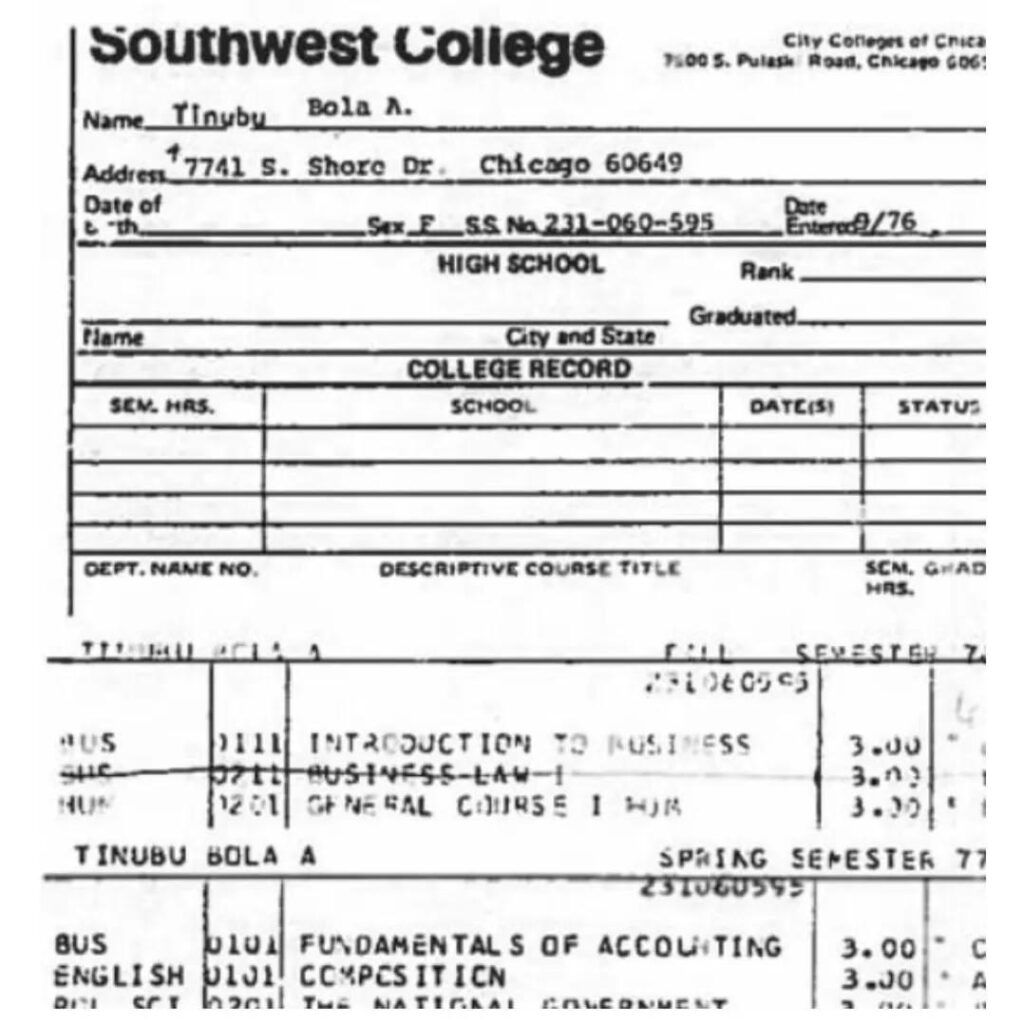 Nigerians puzzle as Tinubu’s Chicago State University academic records show “F” (Female) as gender 1 Nigerians puzzle as Tinubu’s Chicago State University academic records show “F” (Female) as gender