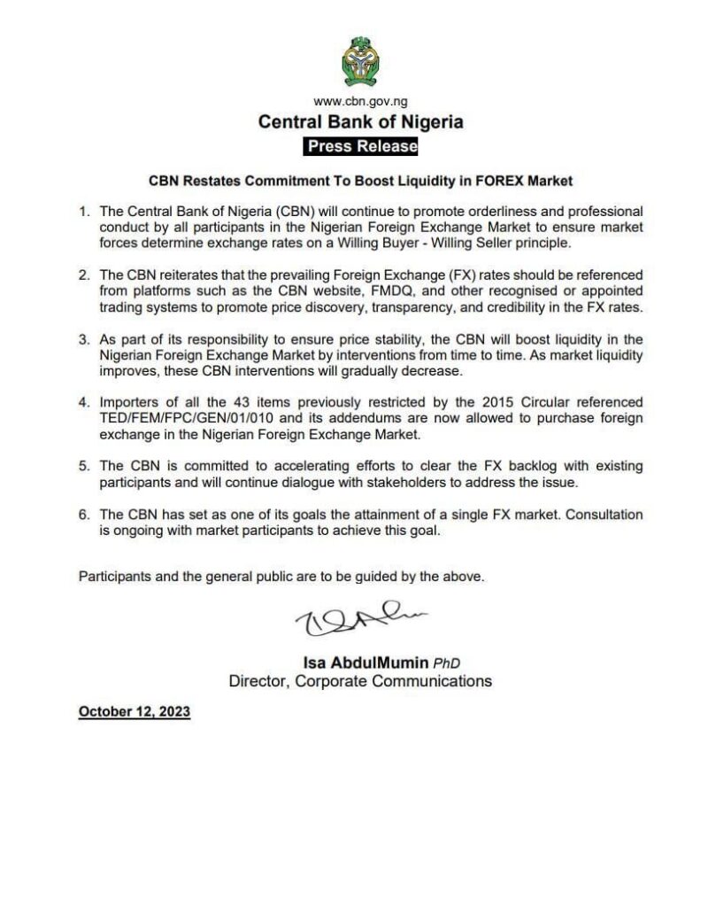 CBN Restates Commitment To Boost Liquidity in FOREX Market