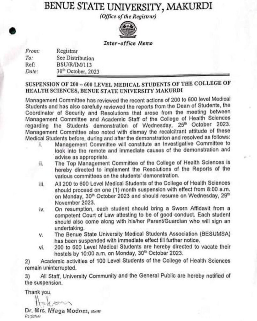 Benue Varsity Suspends All Medical Students For Alleged Indiscipline
