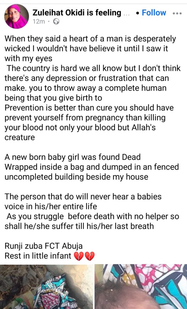 Lifeless Baby Found Abandoned By Unknown Mother In Abuja 1 Lifeless Baby Found Abandoned By Unknown Mother In Abuja