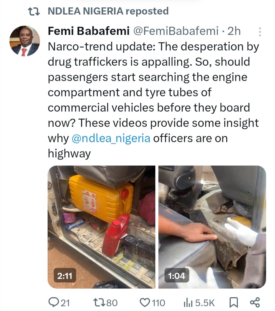 NDLEA Seizes Drugs Concealed In Vehicle Engine, Tyres 1 NDLEA Seizes Drugs Concealed In Vehicle Engine, Tyres