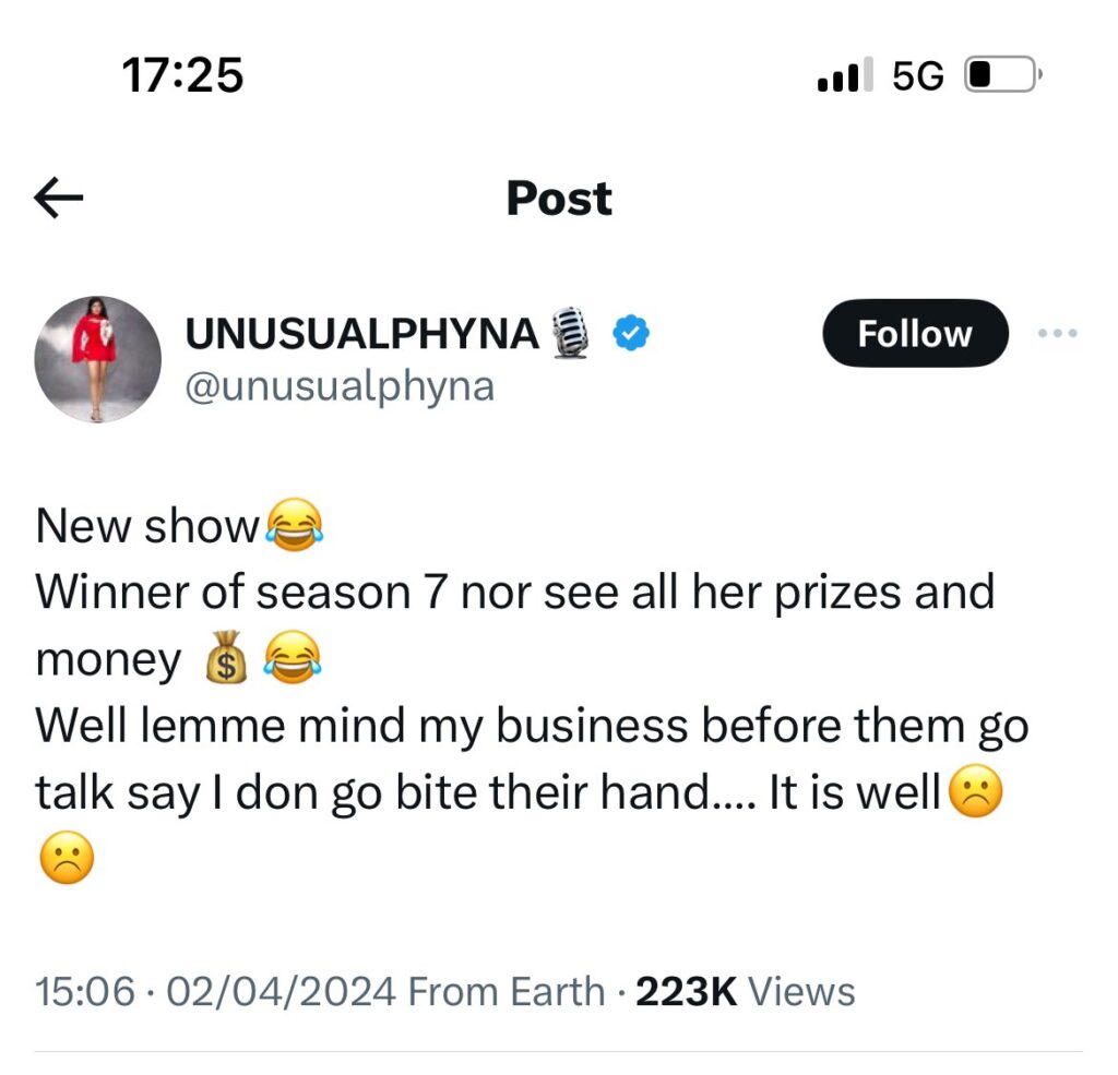 Pay Me All My Prizes And Money Before Starting New Show — BBNaija Winner, Phyna Calls Out Organizers 1 Pay Me All My Prizes And Money Before Starting New Show — BBNaija Winner, Phyna Calls Out Organizers