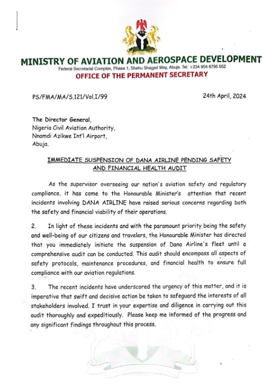 FG Suspends Dana Airline Operations Amid Safety Concerns 1 FG Suspends Dana Airline Operations Amid Safety Concerns