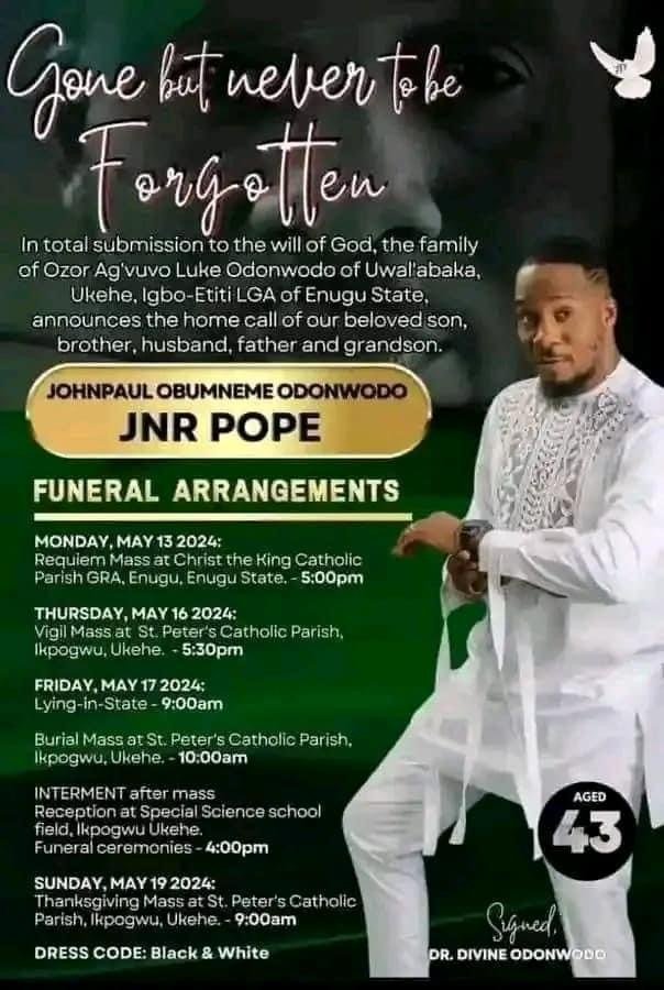 Funeral Service For Late Nollywood Actor, Junior Pope Commences In Enugu State (Photos)