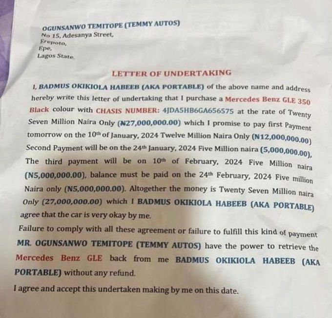 See Car Sale Agreement That Lands Singer Portable In Prison