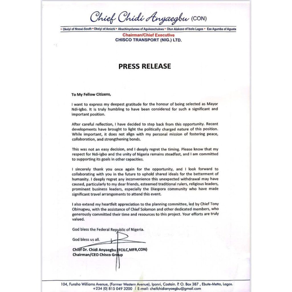 JUST IN: Chief Dr. Chidi Anyaegbu (FCILC MFR, CON), Chairman/CEO, Chisco Group Rejects Mayor of Ndigbo Title