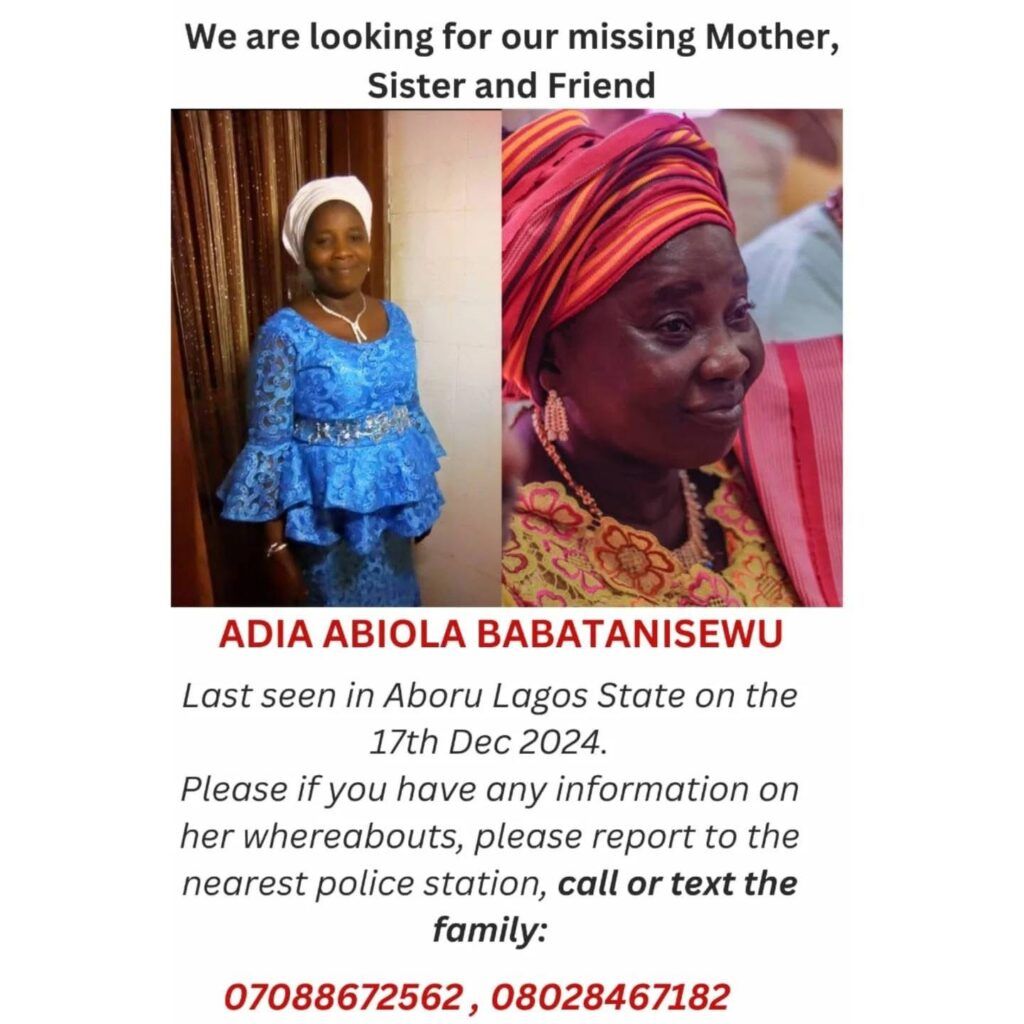Family declares 54-year-old woman, Adiat Abiola Babatanisewu missing in Lagos 1 Family declares 54-year-old woman, Adiat Abiola Babatanisewu missing in Lagos