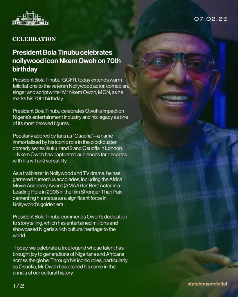 Tinubu lauds nollywood icon Nkem Owoh on 70th birthday