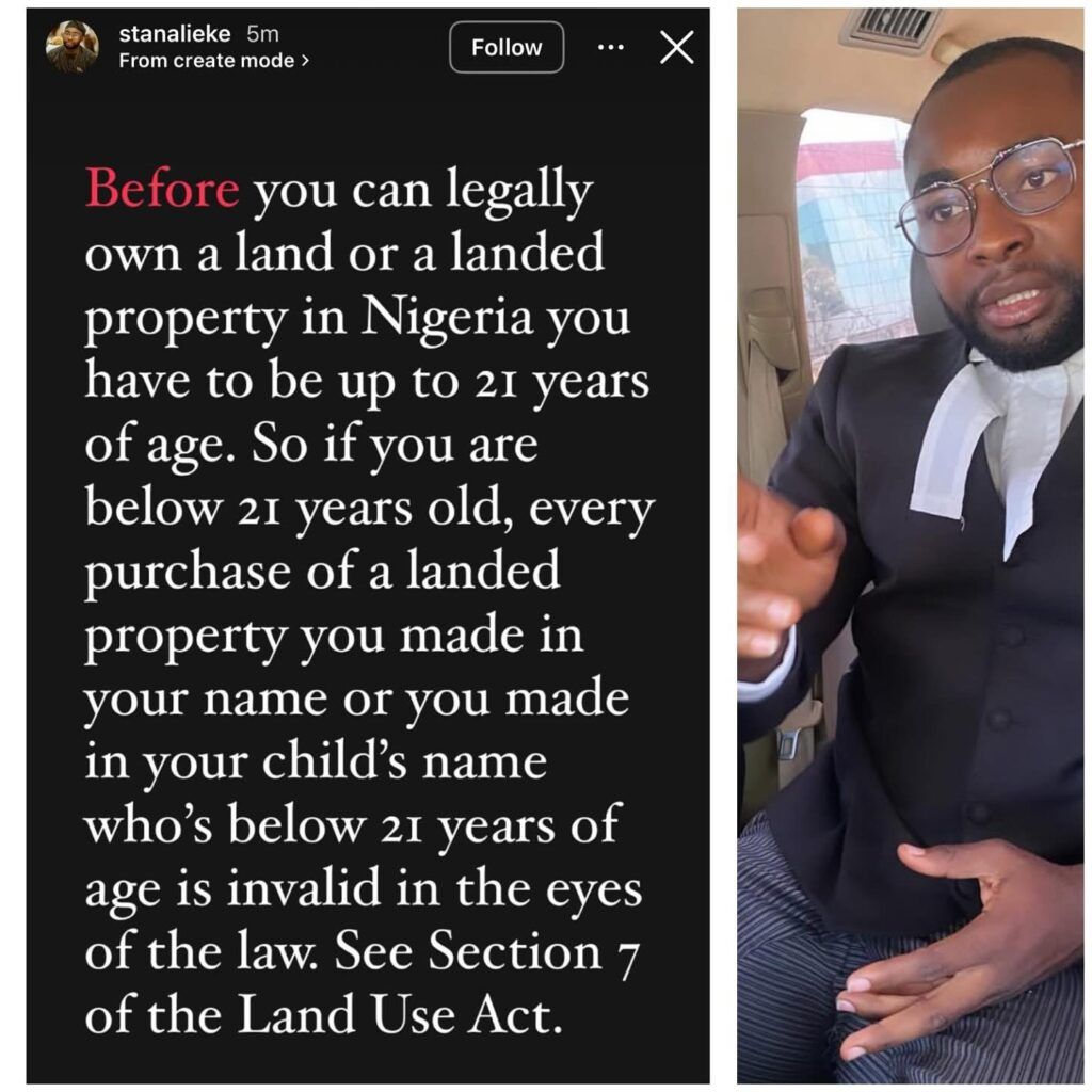 ‘Every purchase of a landed property you made in your child’s name who’s below 21 years of age is invalid in the eyes of the law” — lawyer, Stan Alieke, reveals