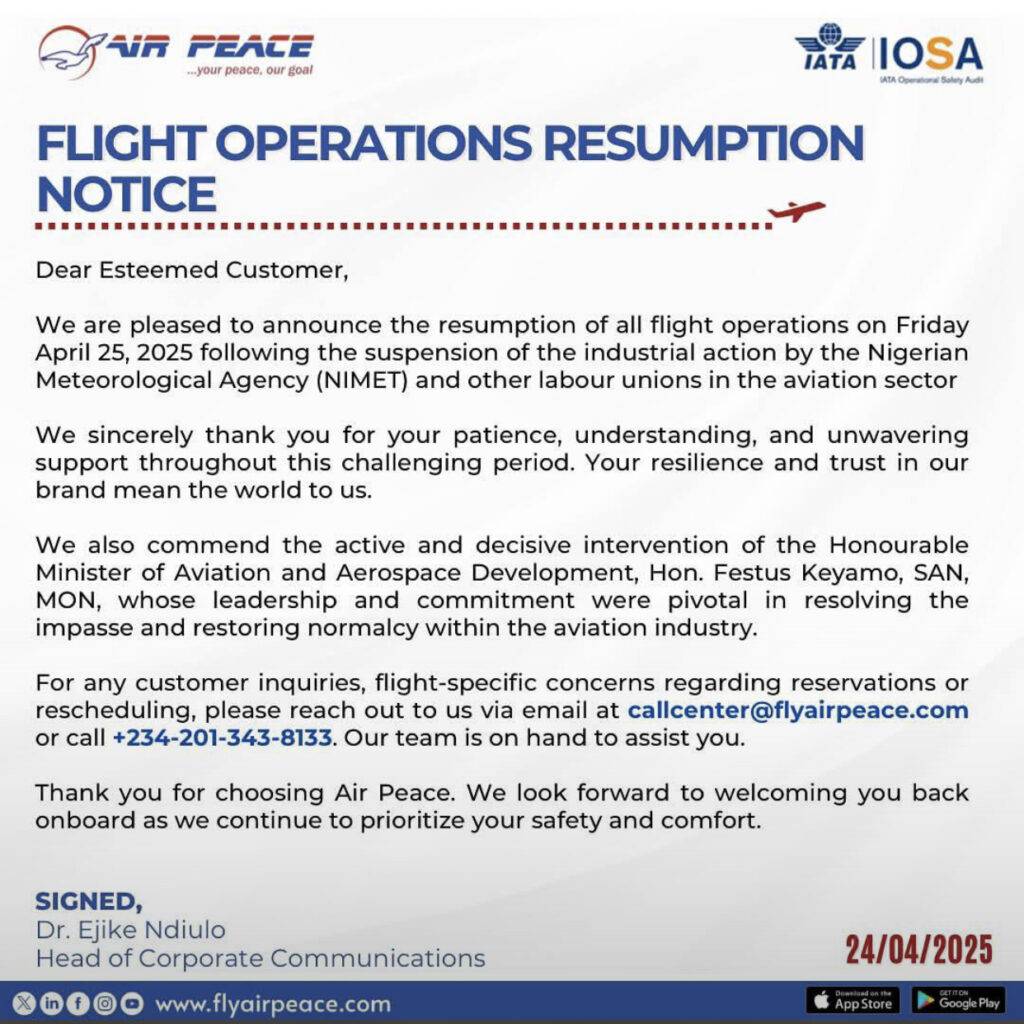 Air Peace to resume operations Friday as NiMET workers shelve strike