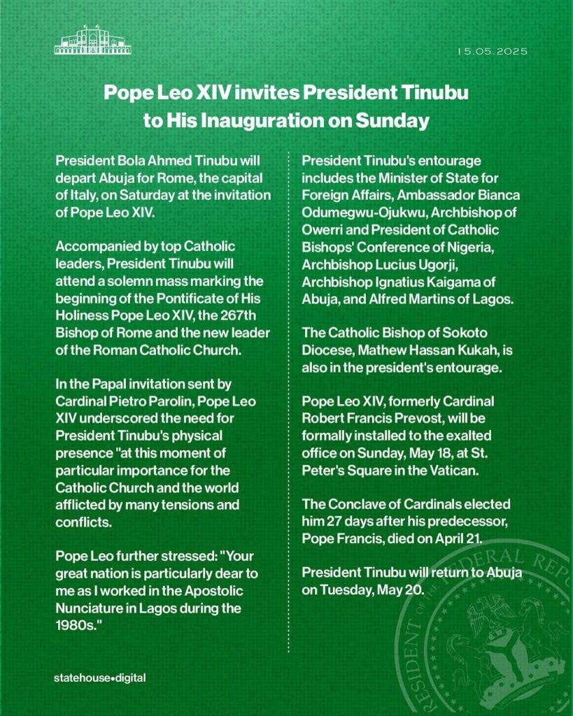 Pope Leo invites Tinubu to His Inauguration on Sunday