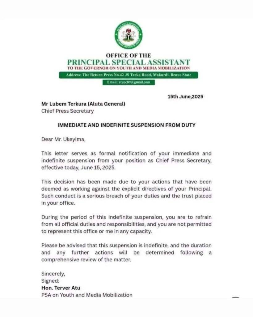 Benue State Gov’t suspends Chief Press Secretary and Chief of Staff for joining "End Benue Genoc!de" protest