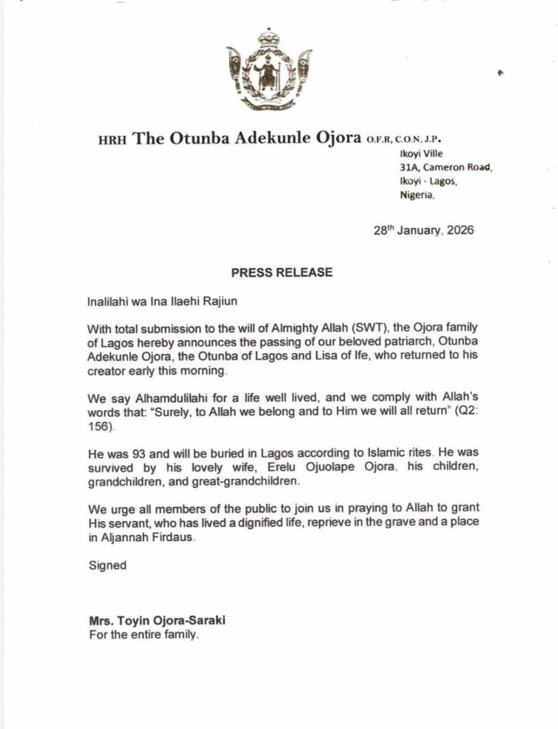 Prominent Lagos Royal, Otunba Adekunle Ojora, Passes Away at 93