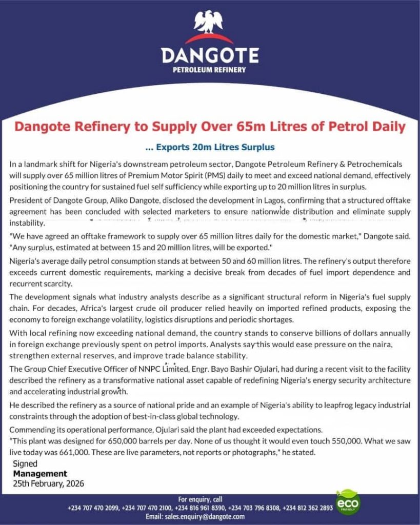 Dangote Refinery Signs Deal to Supply 65m Litres of Petrol Daily 1 Dangote Refinery Signs Deal to Supply 65m Litres of Petrol Daily